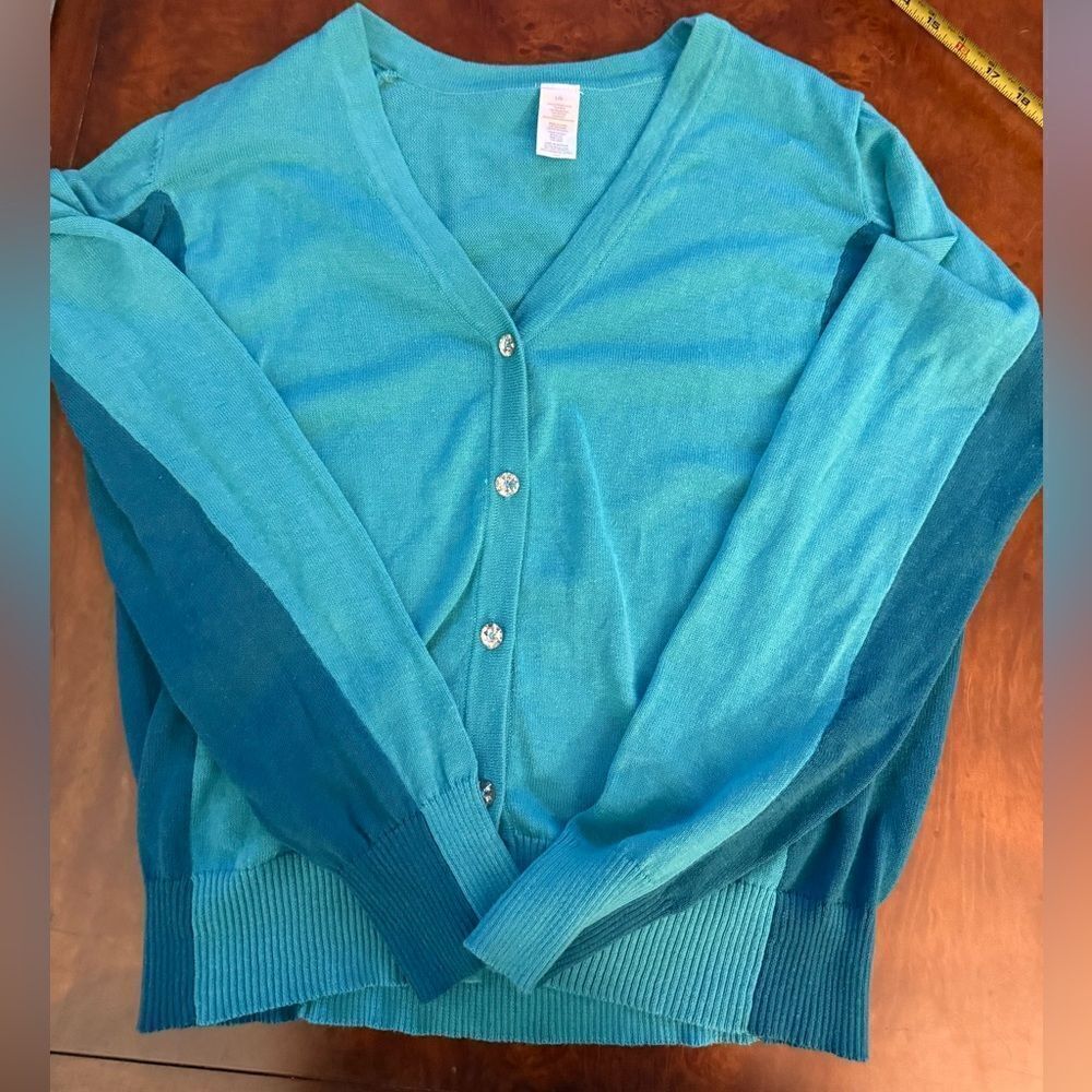 Avon Color Block Two Tone Blue Button Down Cardagain Sweater Size Large